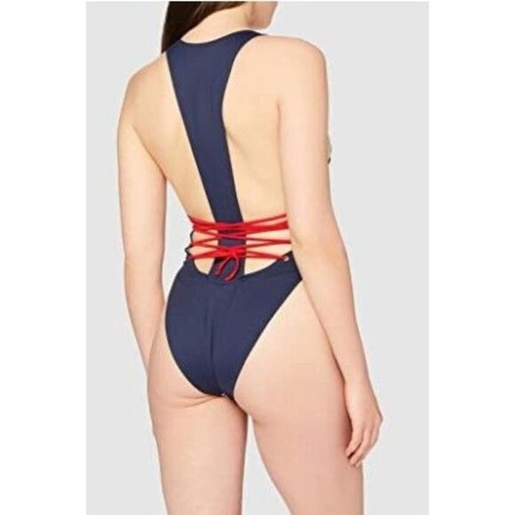 Mapale Striped Strappy Sexy Open Back Cheeky One Piece Swim Suit Size Small - Picture 2 of 11